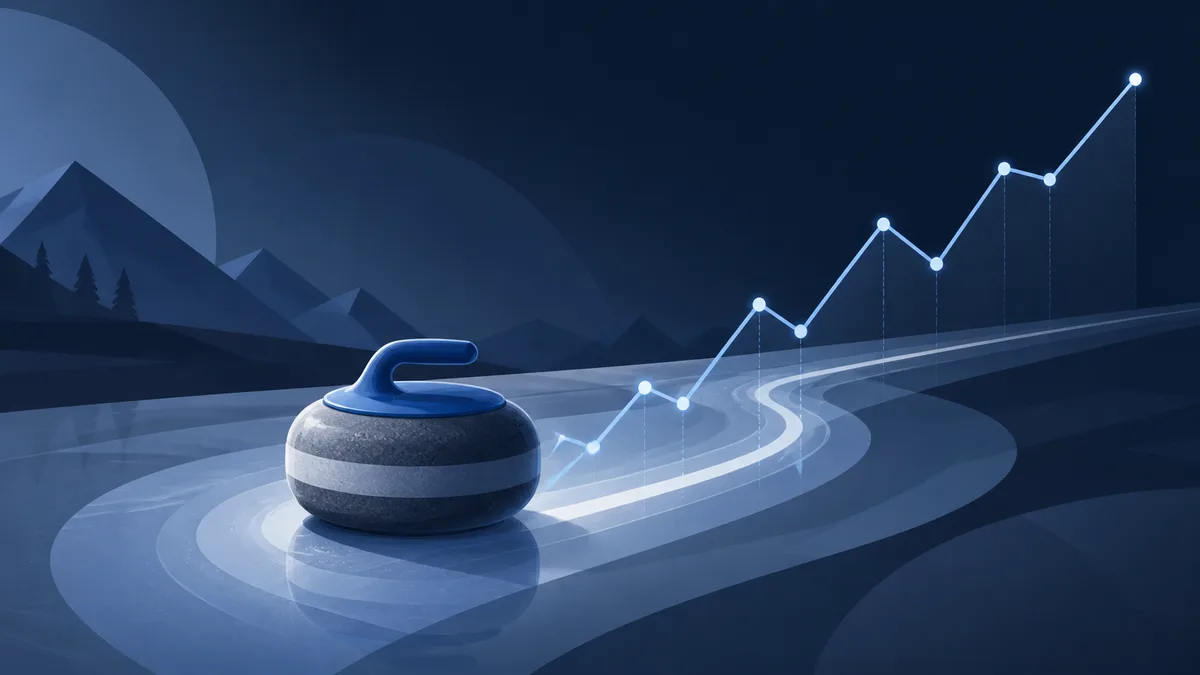A curling stone on ice, with a glowing line graph rising across the rink behind it.